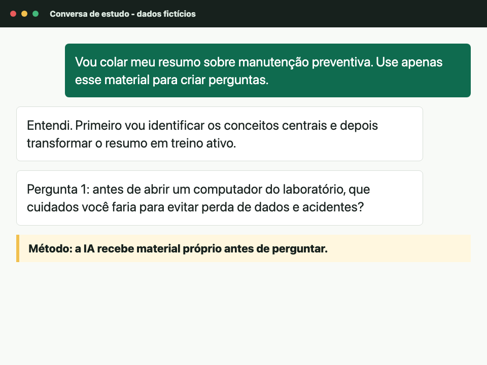Conversa fictícia mostrando um estudante ensinando a IA com um resumo próprio