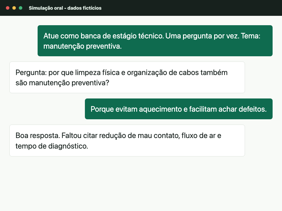 Conversa fictícia com simulação de banca oral para estudante técnico