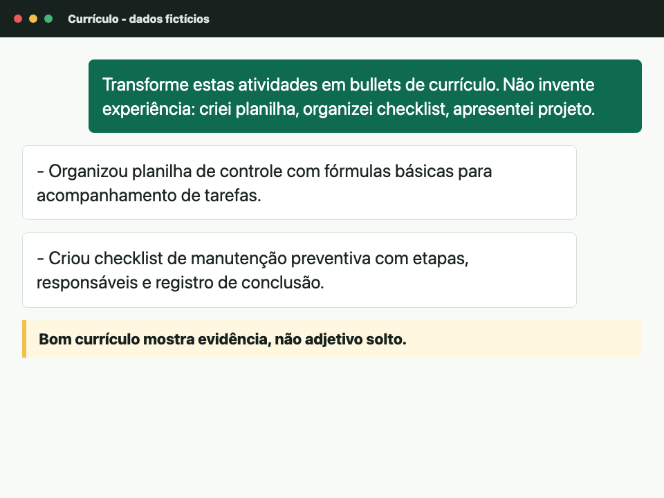 Conversa fictícia revisando currículo para estágio técnico