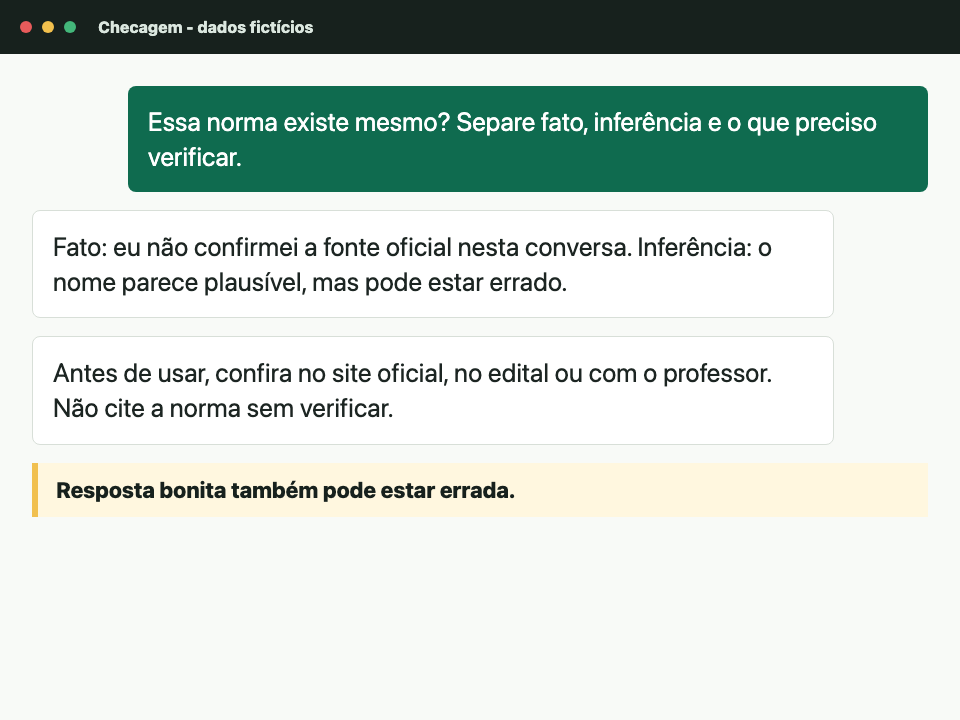 Conversa fictícia mostrando IA inventando uma fonte e estudante pedindo verificação